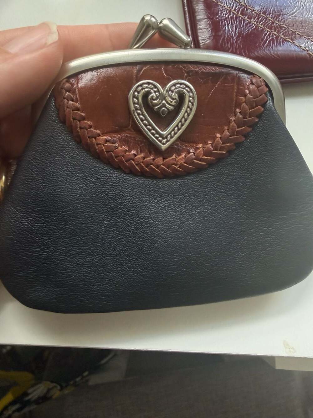 Brighton Black Leather Coin Purse with Brown Croc Trim and Silver Heart